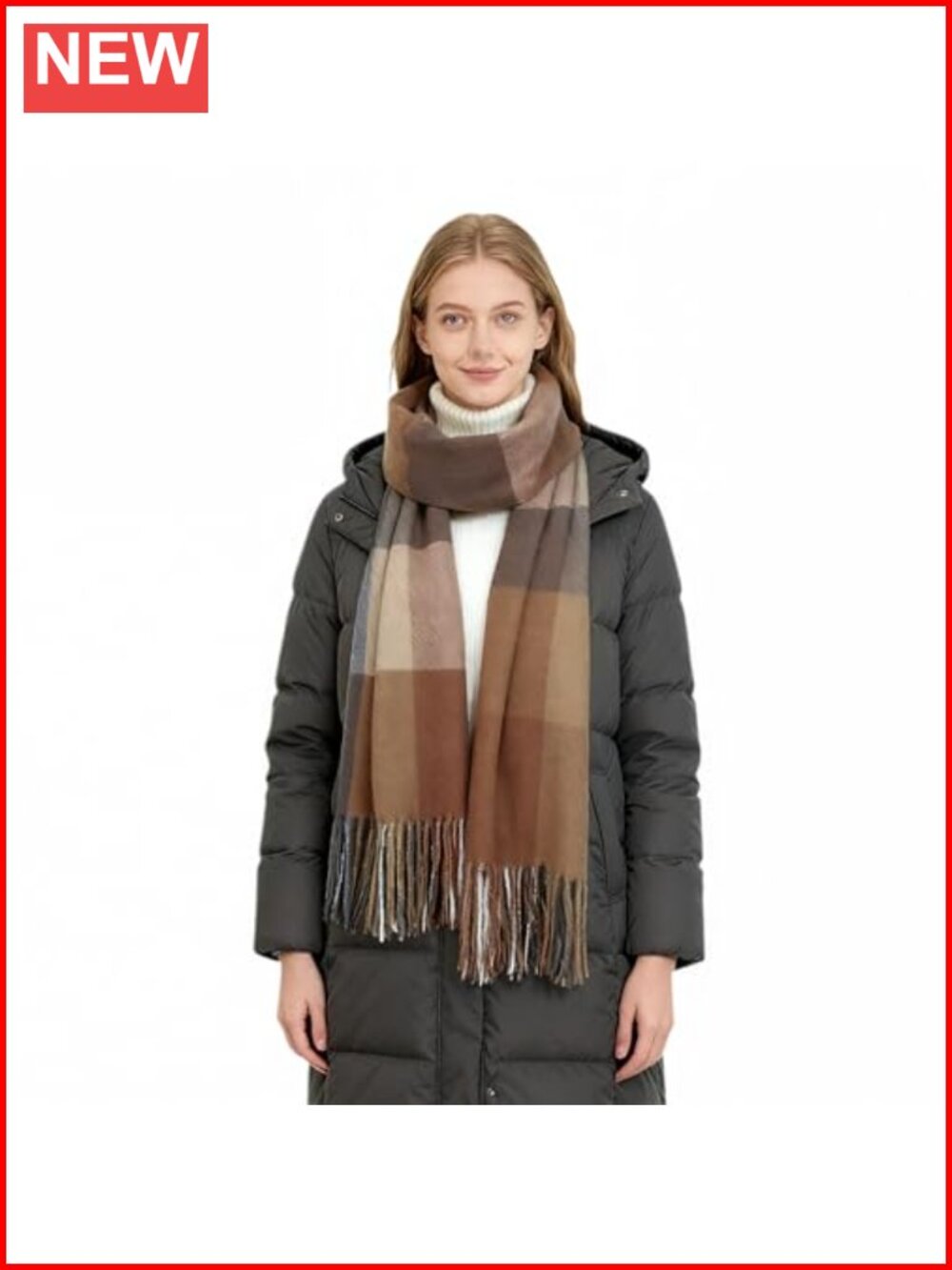 Oversized Plaid Winter Scarf Cashmere-Feel Shawl Fringe Tassel Wrap